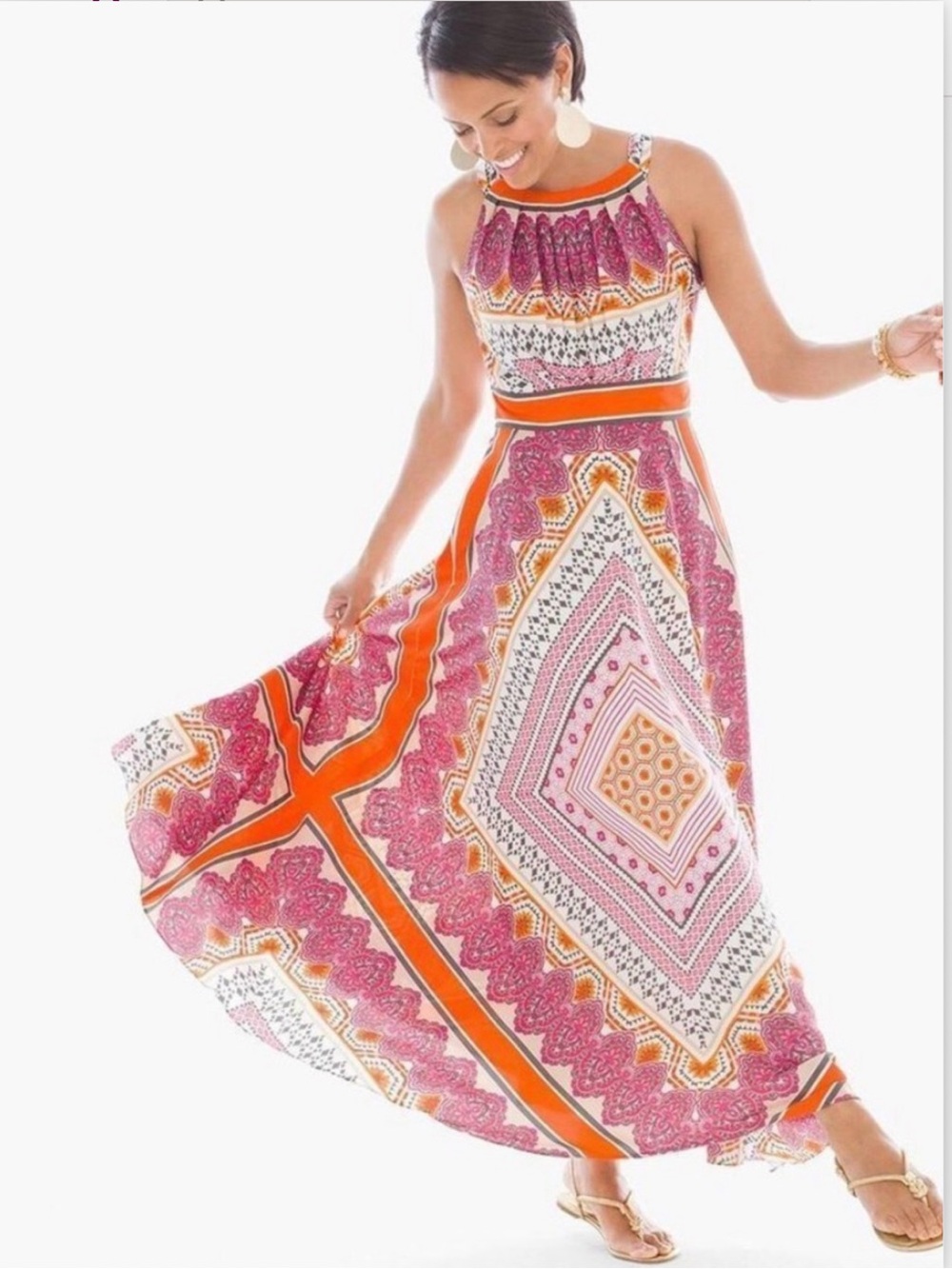 Chico’s Scarf Print Halter Maxi Dress Pink Orange Resortwear Large Chico’s 2